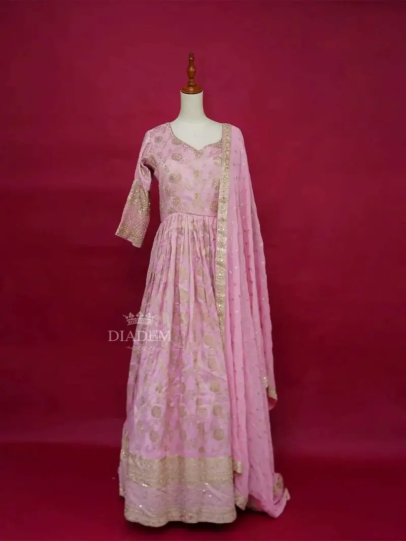 Light Pink Anarkali Salwar Suit For Women Adorned With Zari And Thread Work Along With Dupatta 1