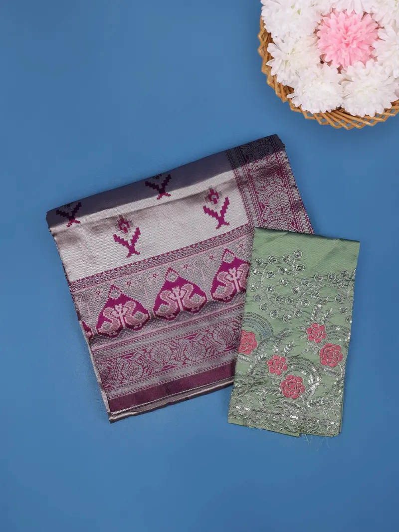 Light Pink And Magenta Ikat Design Art Silk Saree With Contrast Green Embroidered Blouse 1