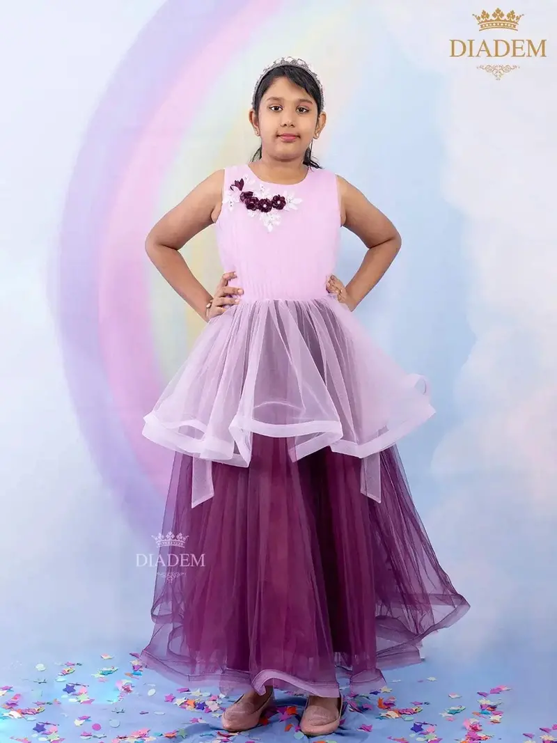 Light Pink And Purple Gown Adorned In Floral Buds 1