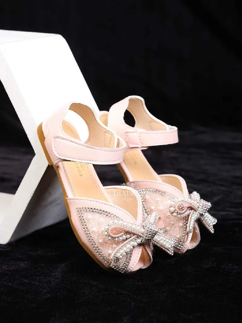 Light Pink Ballerinas Adorned With Beads And Stones With Attached Bow For Girls 1