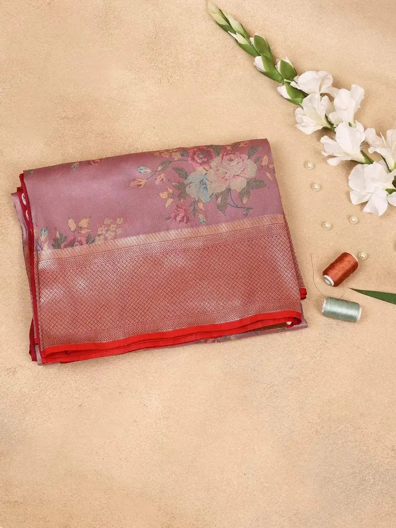 Light Pink Banarasi Saree With Flower Design On The Body With Zari Border 1