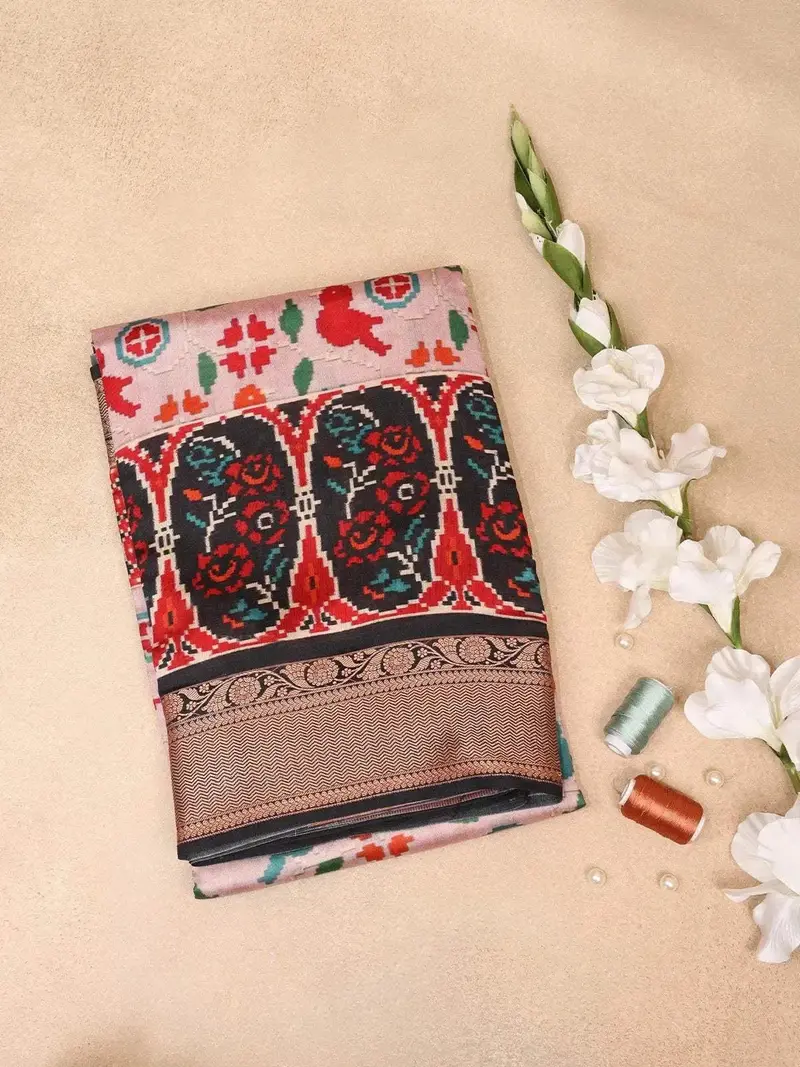 Light Pink Banarasi Silk Saree With Birds And Floral Design On The Body With Contrast Zari Border 1