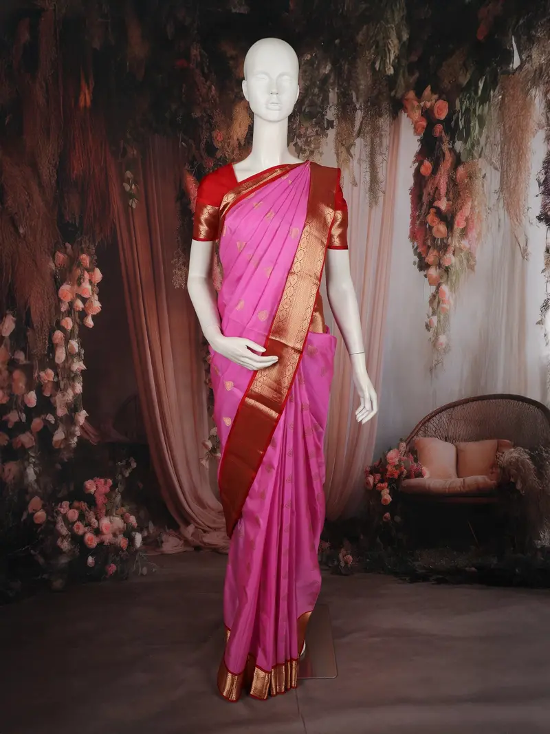 Light Pink Butta Zari Woven Design Pure Kanchipuram Silk Saree With Contrast Zari Border 1