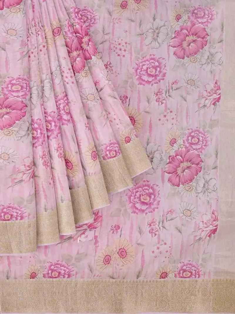 Light Pink Chanderi Silk Saree With Floral Prints On The Body And Zari Border 1