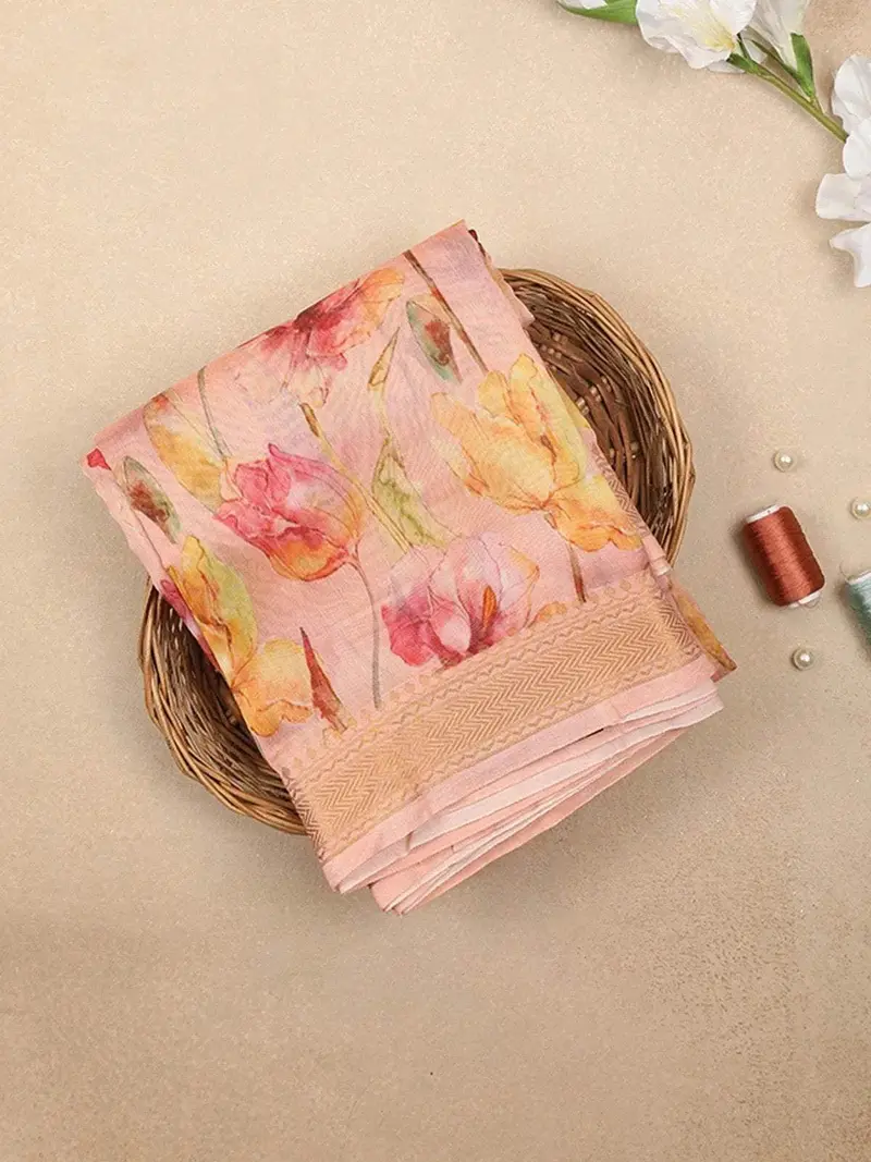 Light Pink Chanderi Silk Saree With Printed Flower Design On The Body With Matching Border 1