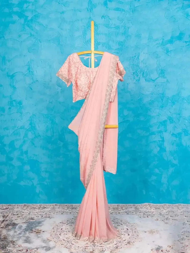 Light Pink Chiffon Georgette Saree Embellished With Beads Border And Designer Blouse 1