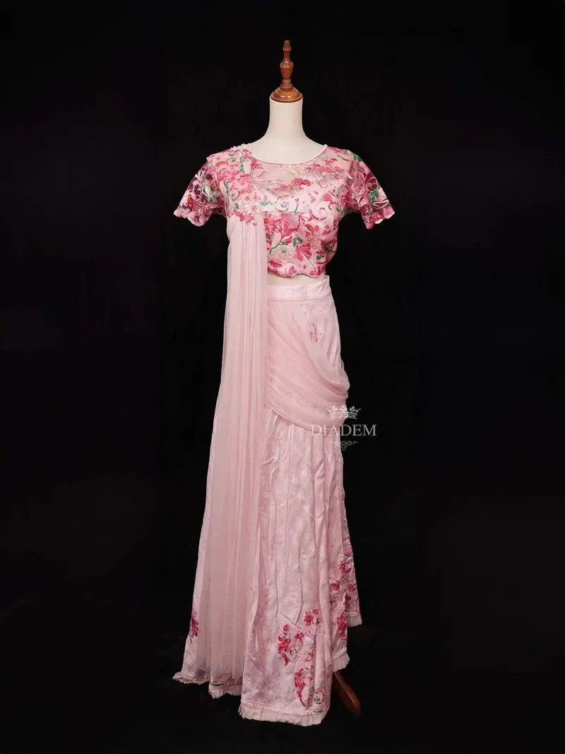 Light Pink Chiffon Ready To Wear Saree With Floral Prints On The Body Paired With Designer Blouse 1