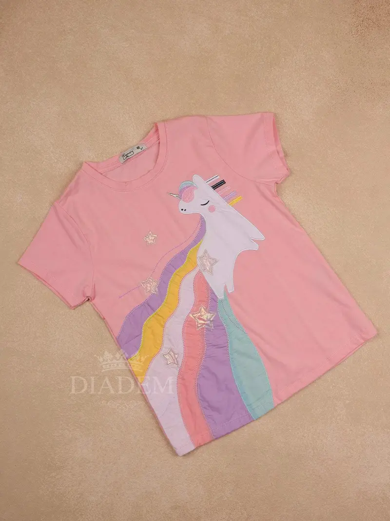 Light Pink Cotton Half Sleeve T-Shirt With Unicorn Designs For Girls 1