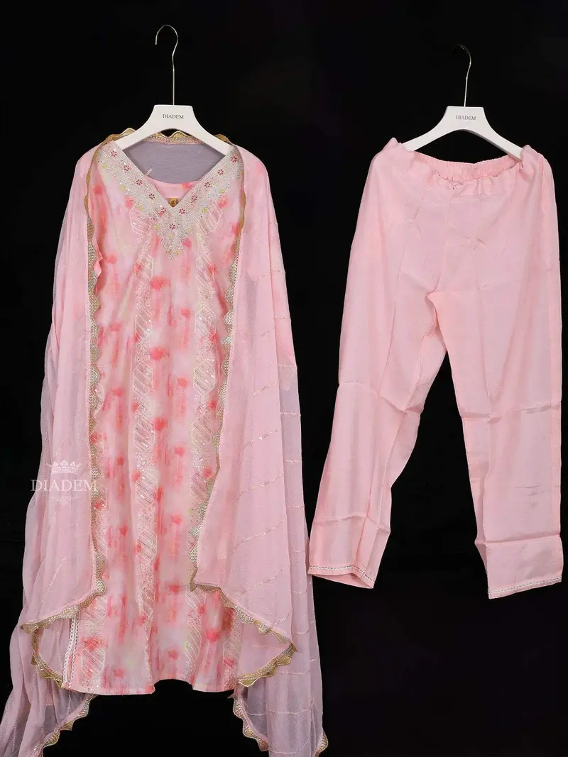 Light Pink Cotton Tie-Dye Straight-Cut Salwar Suit With Embroidery, Paired With Dupatta 1