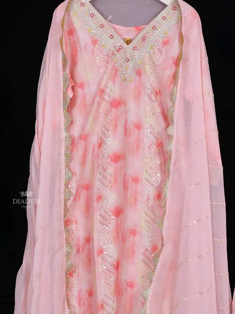 Light Pink Cotton Tie-Dye Straight-Cut Salwar Suit With Embroidery, Paired With Dupatta 2