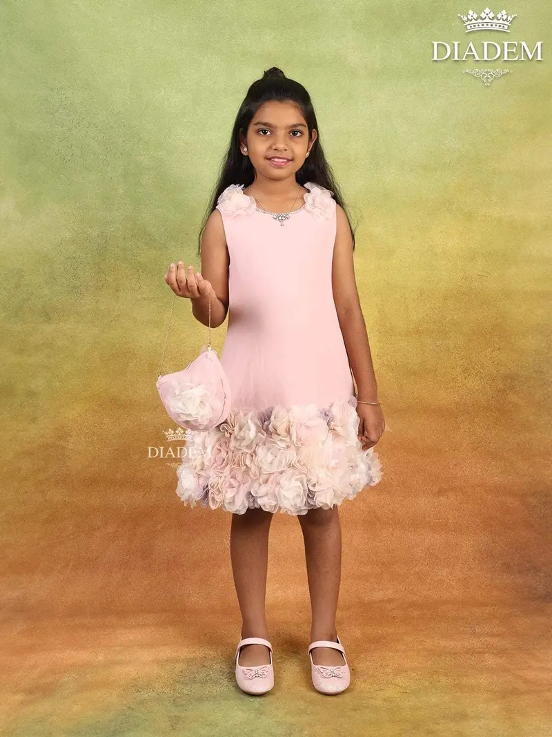Light Pink Crepe Frock Adorned With 3D Flowers Paired With Purse 1