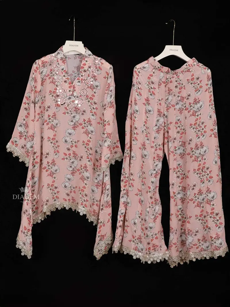 Light Pink Crepe Palazzo Salwar Suit  Adorned With Floral Prints And Mirrorwork 1