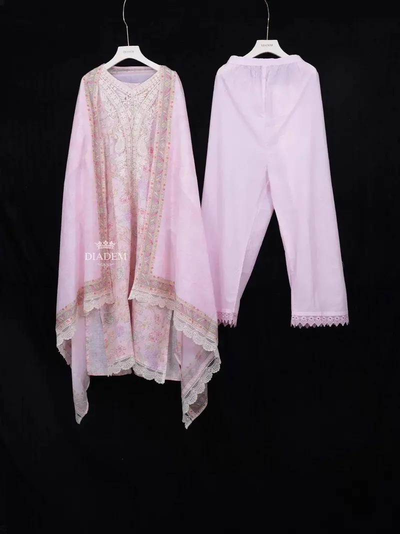 Light Pink Crepe Straight Cut Salwar Suit Adorned With Floral Prints And Threadwork Paired With Dupatta 1