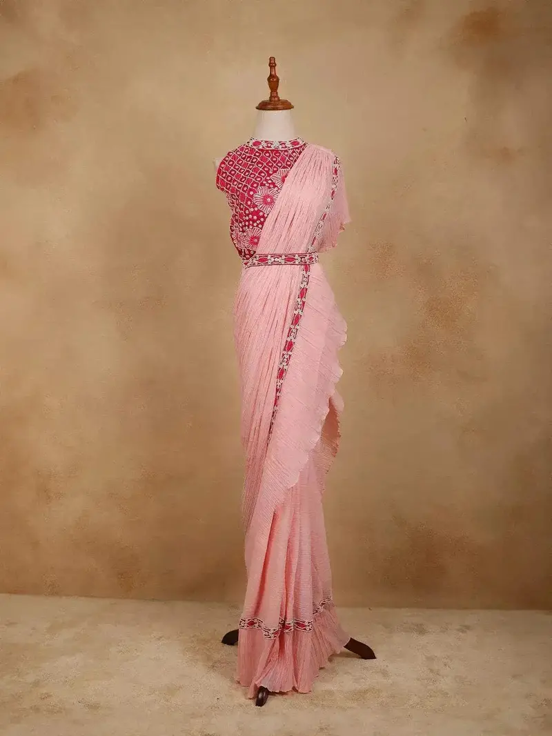 Light Pink Crushed Georgette Saree With Plain Body Paired With Designer Blouse And Waist Belt 1