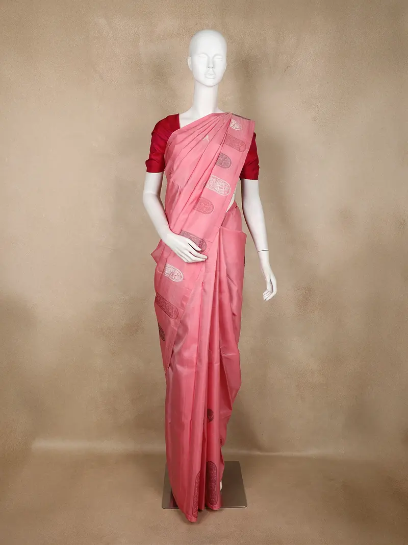 Light Pink Floral Butta Design Kanchipuram Silk Saree With Solid Border 1