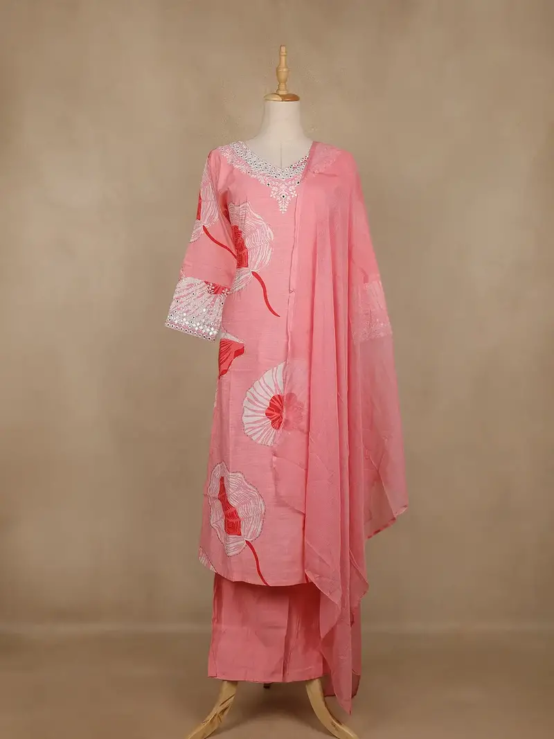 Light Pink Floral Design Cotton Salwar Suit With Dupatta 1