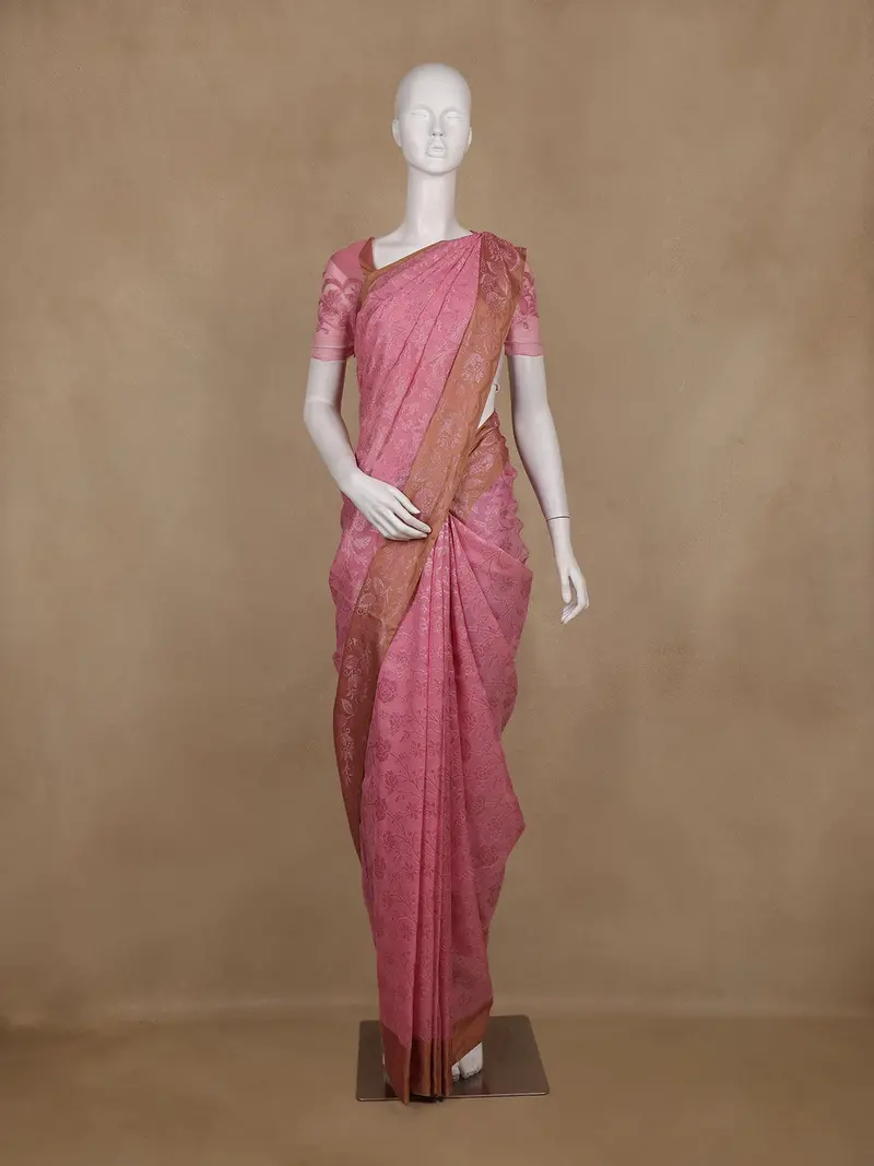 Light Pink  Floral Design Semi Banarasi Silk Saree 1