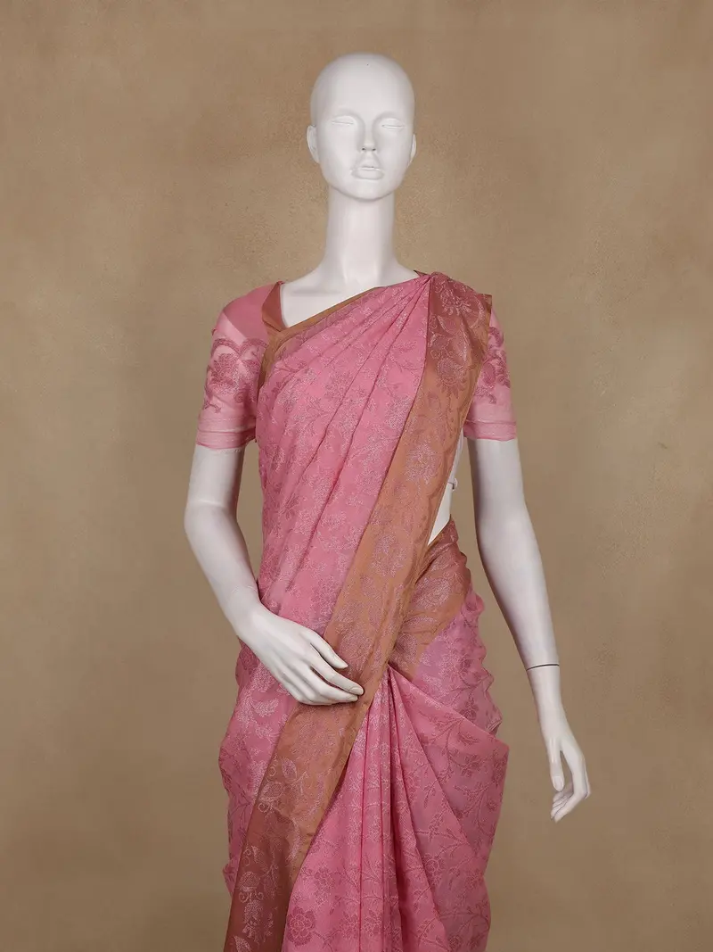 Light Pink Floral Design Semi Banarasi Silk Saree 2