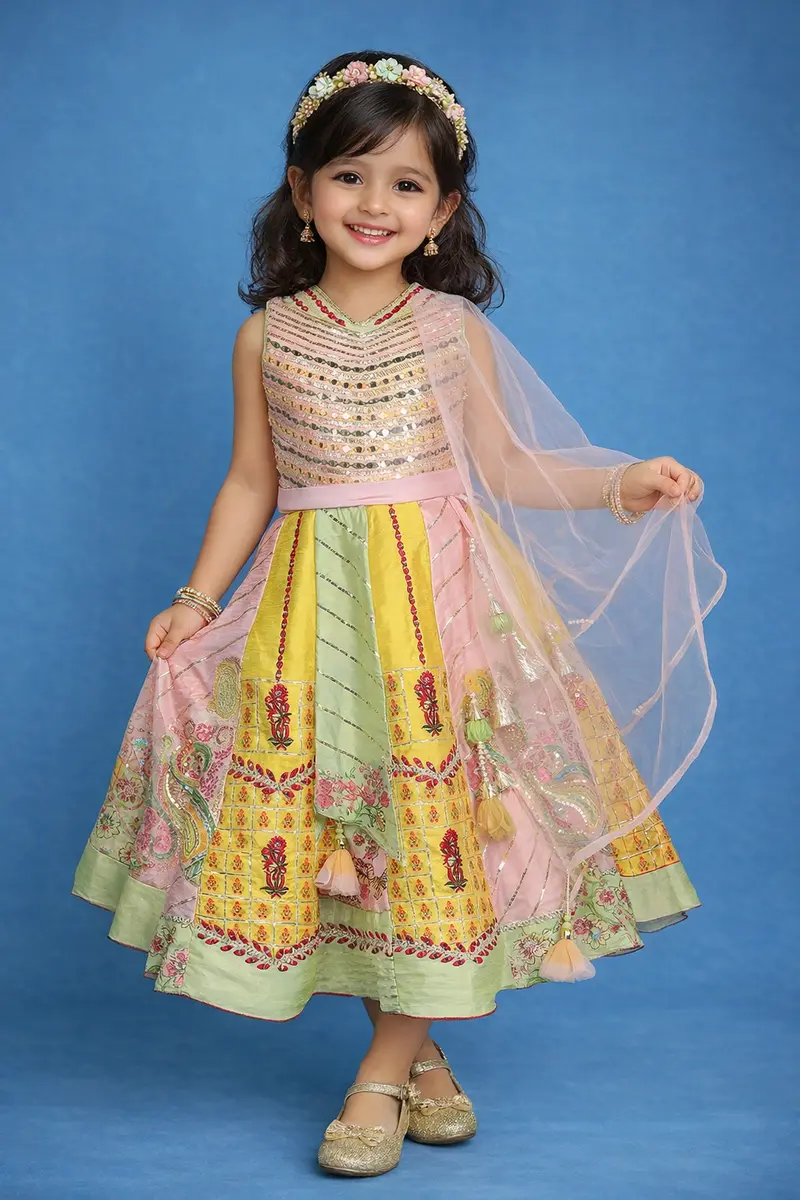 Light Pink Floral Design Silk Kids Lehenga With Dupatta 1