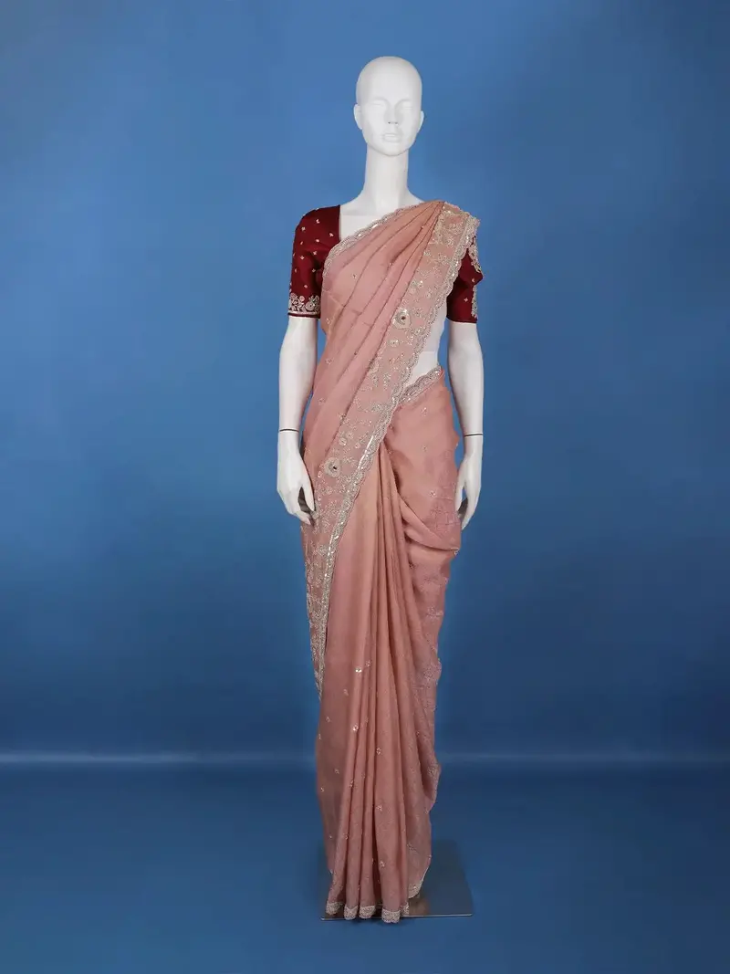 Light Pink Floral Embroidered Design Tissue Saree 1