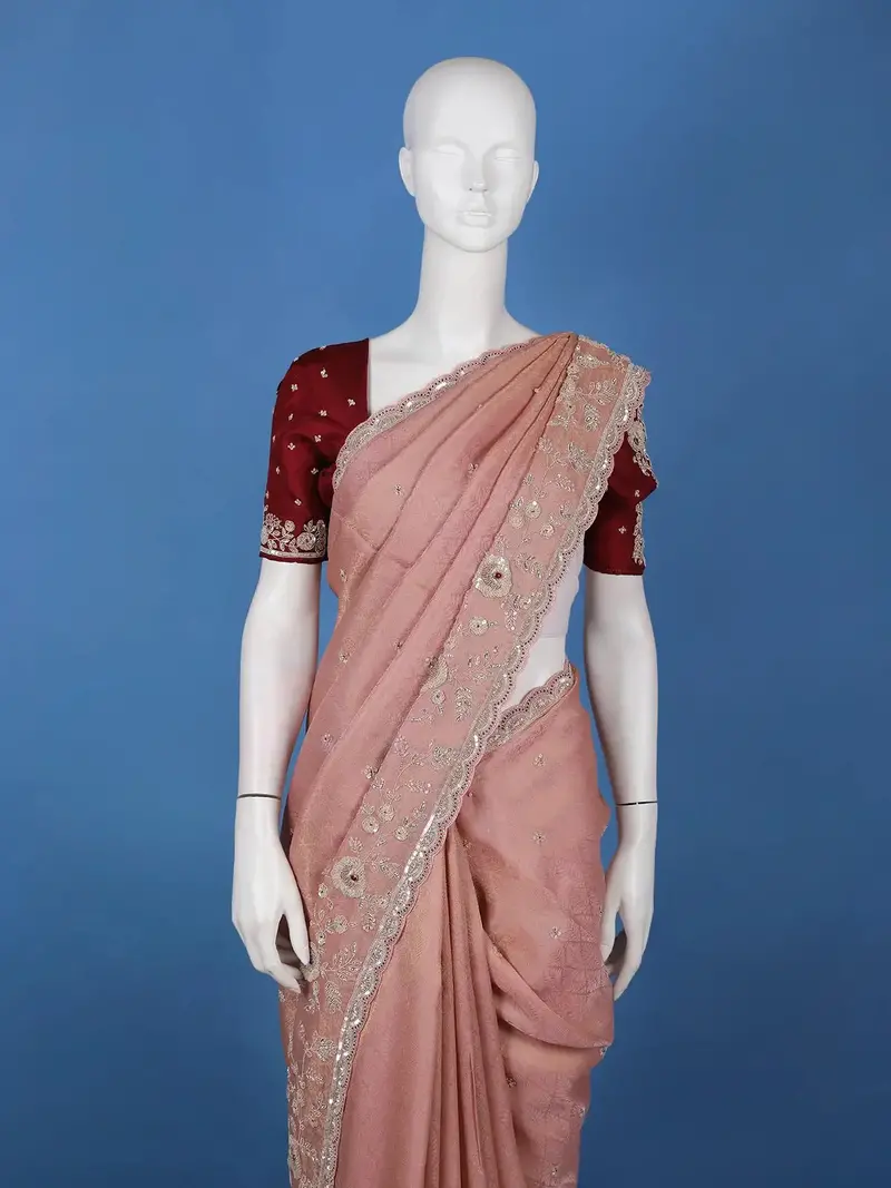 Light Pink Floral Embroidered Design Tissue Saree 2