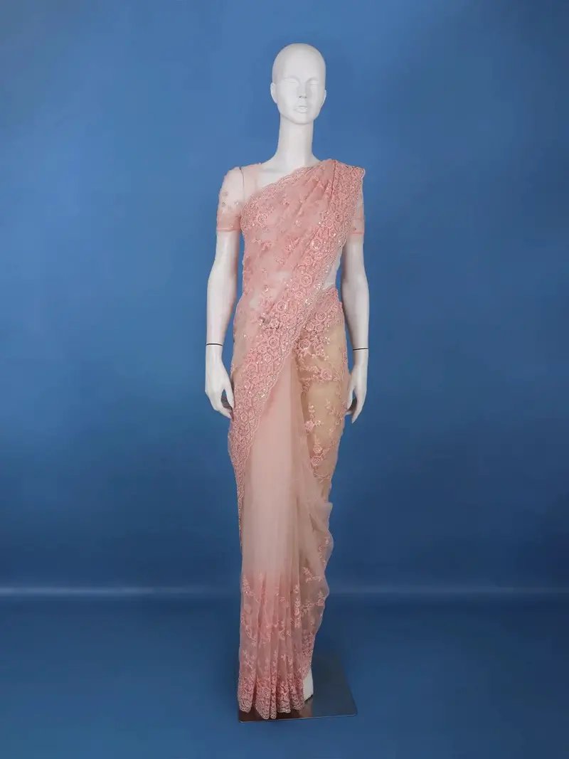 Light Pink Floral Embroidered Net Saree With Matching Blouse 1