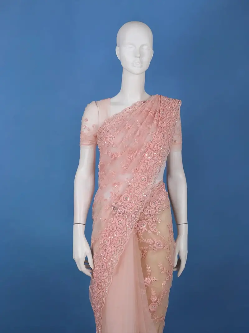 Light Pink Floral Embroidered Net Saree With Matching Blouse 2