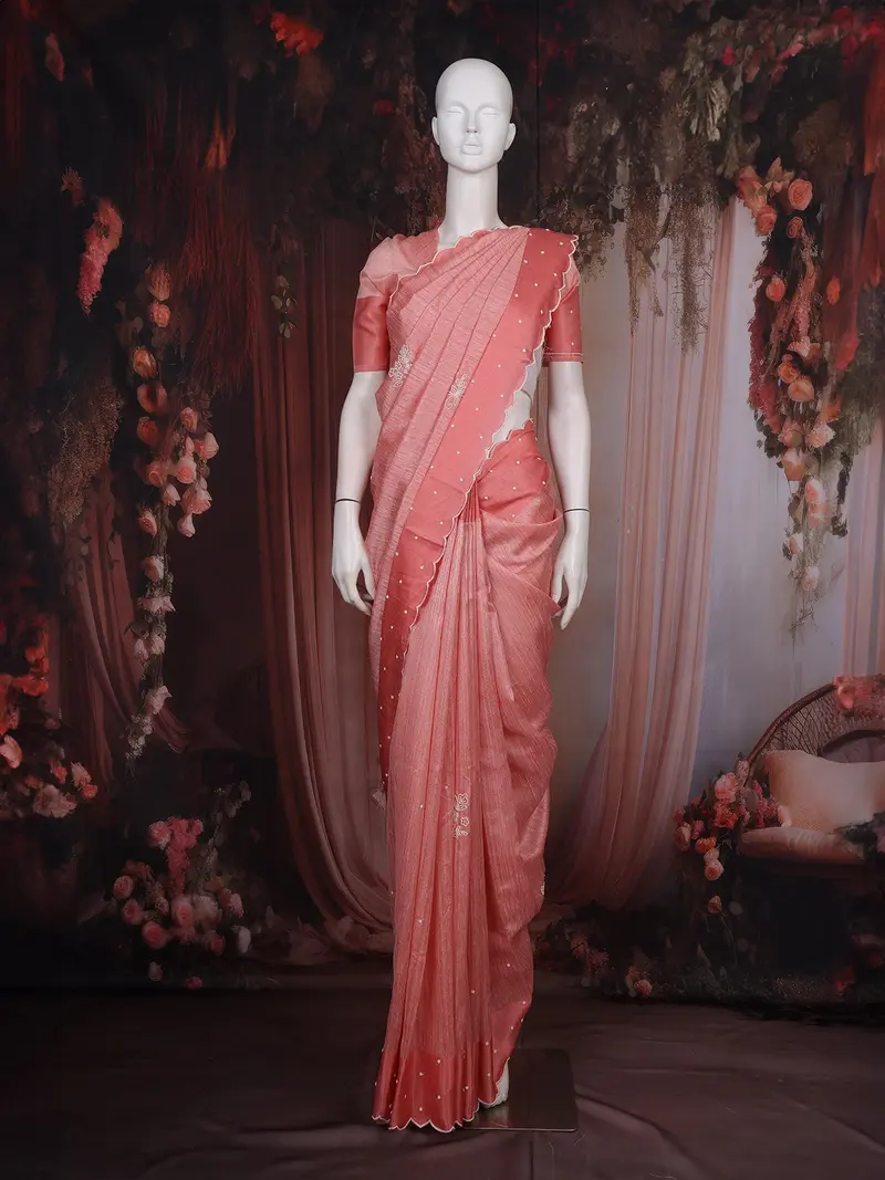 Light Pink Floral Embroidered Raw Silk Saree 1