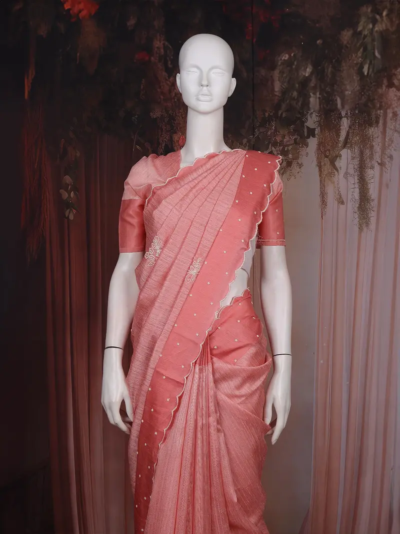 Light Pink Floral Embroidered Raw Silk Saree 2
