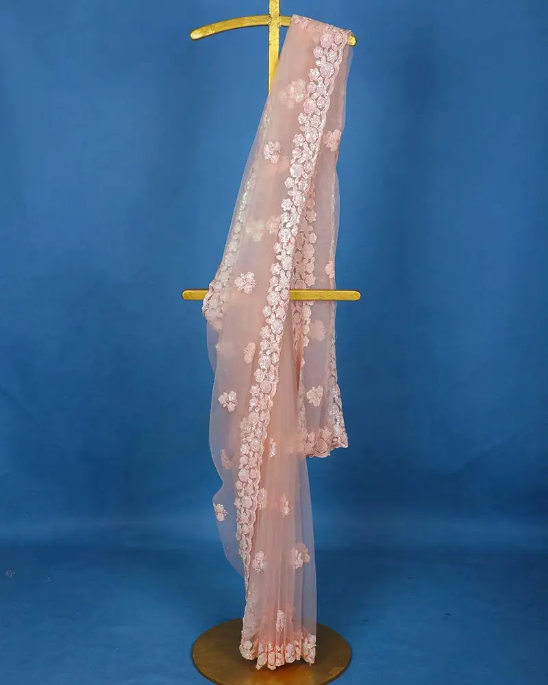 Light Pink Floral Embroidery Designed Net Saree 1