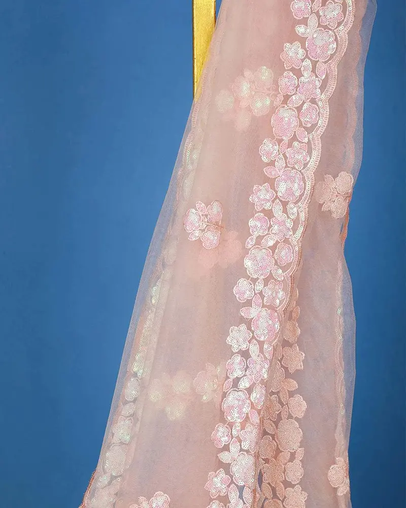 Light Pink Floral Embroidery Designed Net Saree 2