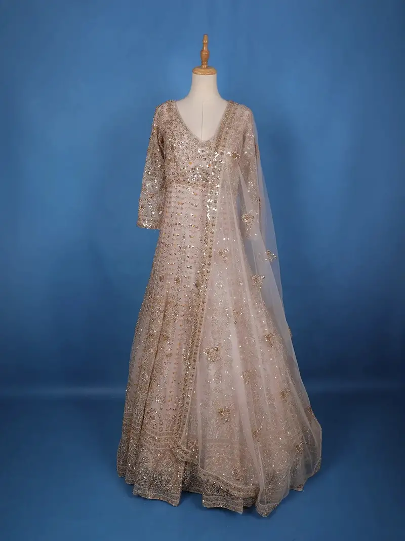 Light Pink Floral Embroidery Net Bridal Gown 1