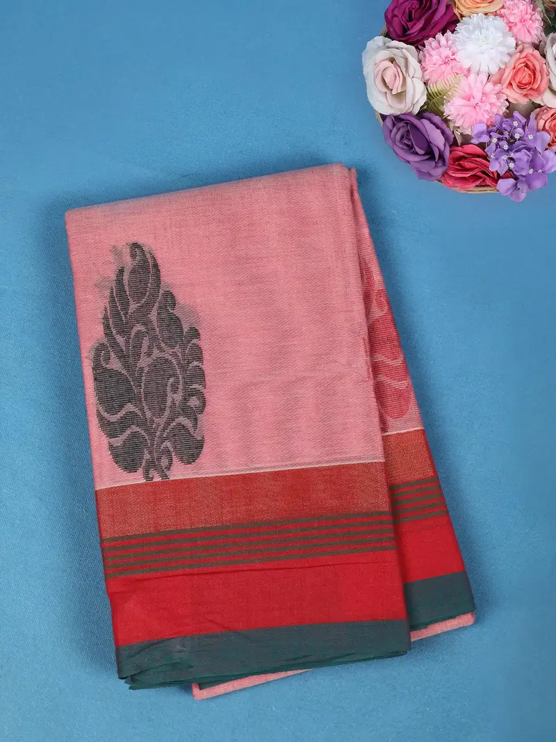 Light Pink Floral Motif Design Cotton Saree With Red Contrast Border 1
