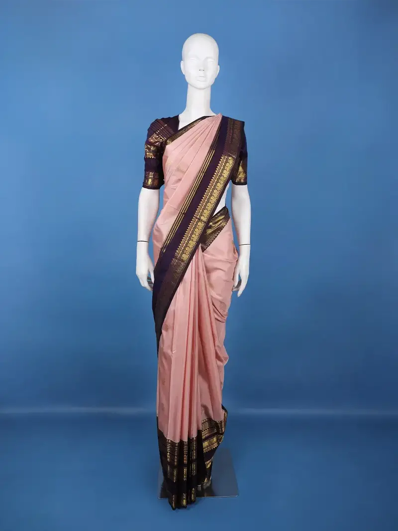 Light Pink Floral Motif Woven Pure Kanchipuram Silk Saree With Rich Zari Border 1