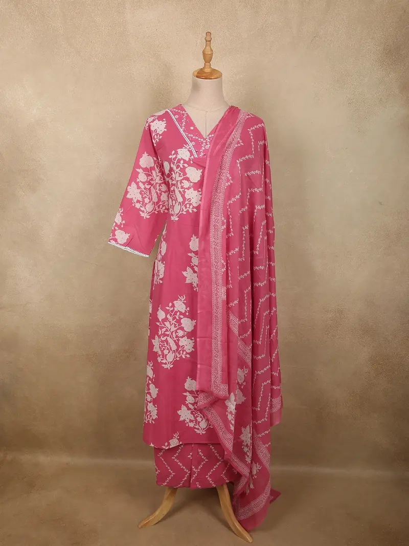 Light Pink Floral Printed Design Cotton Salwar Suit With Dupatta 1