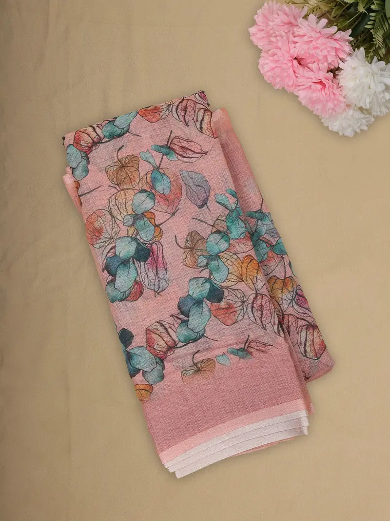 Light Pink Floral Printed Design Linen Cotton Saree 1