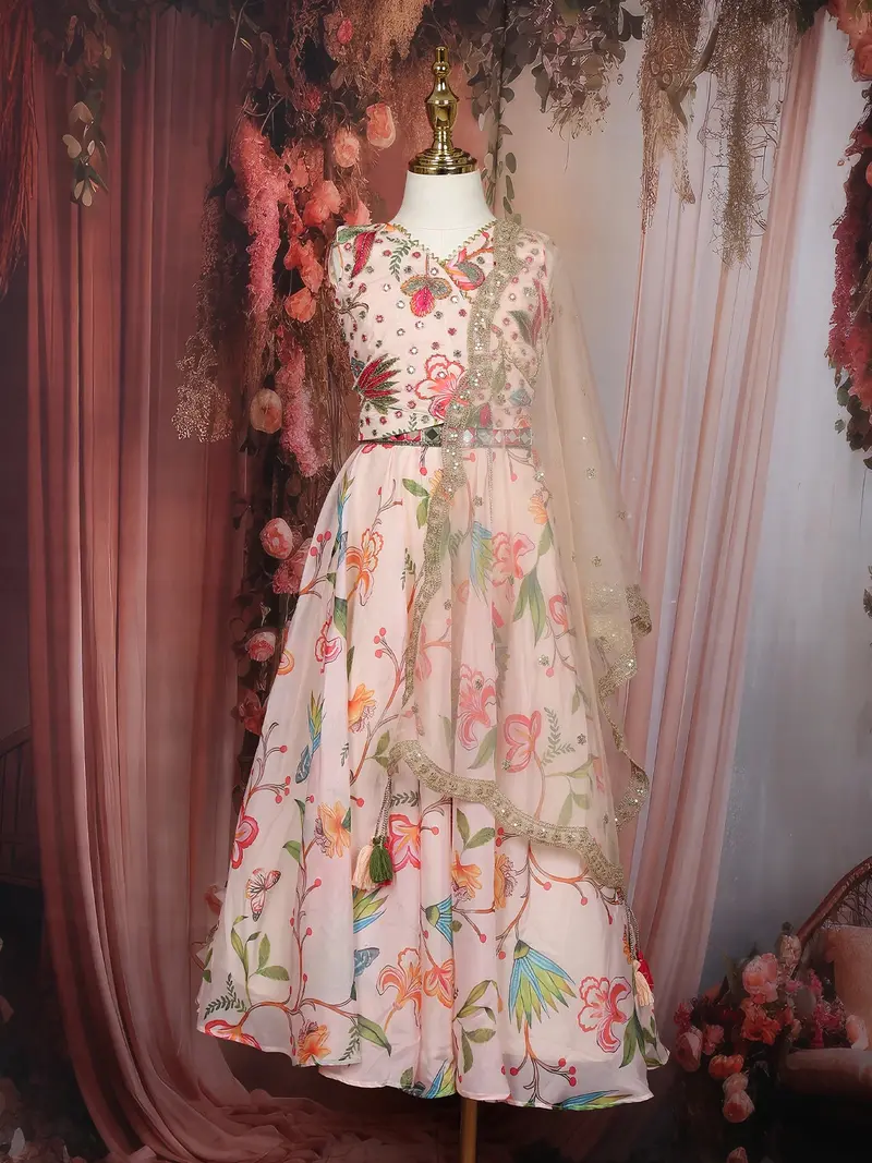 Light Pink Floral Printed Design Satin Kids Lehenga Paired With Dupatta 1