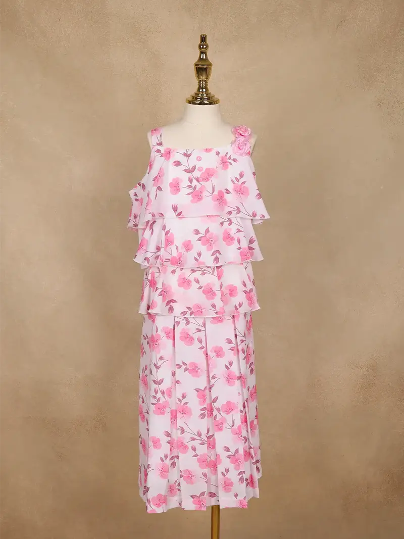 Light Pink Floral Printed Layered Ruffle Georgette Frock 1