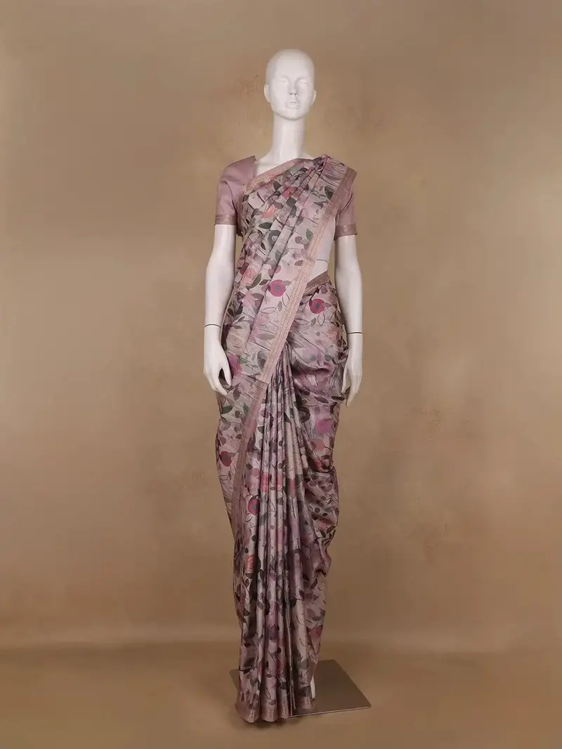Light Pink Floral Printed Tussar Silk Saree 1