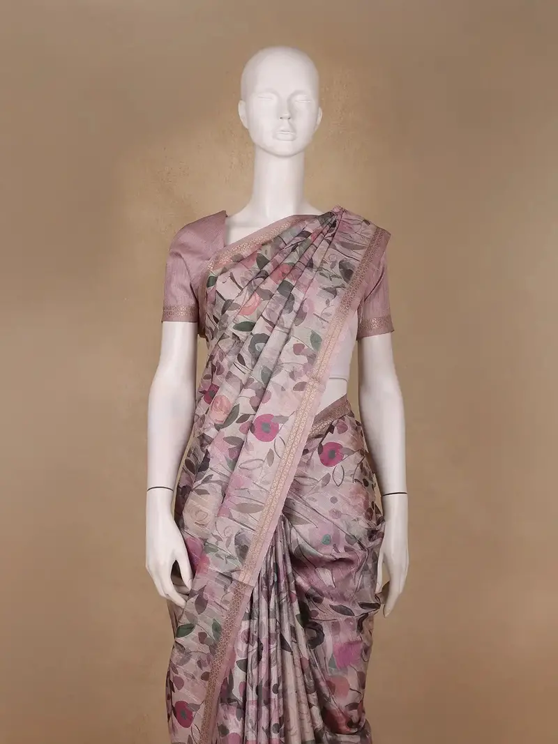 Light Pink Floral Printed Tussar Silk Saree 2