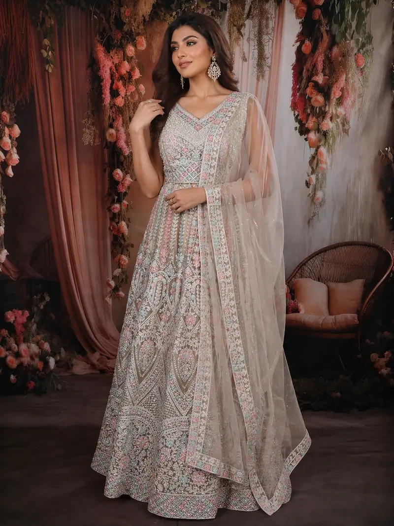 Light Pink Floral Thread And Beads Embroidered Design Net Lehenga With Dupatta 1