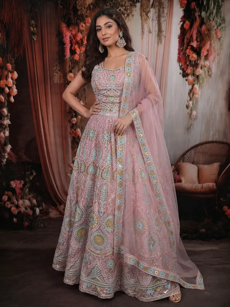 Light Pink Floral Thread And Beads Embroidered Design Net Lehenga With Dupatta 1