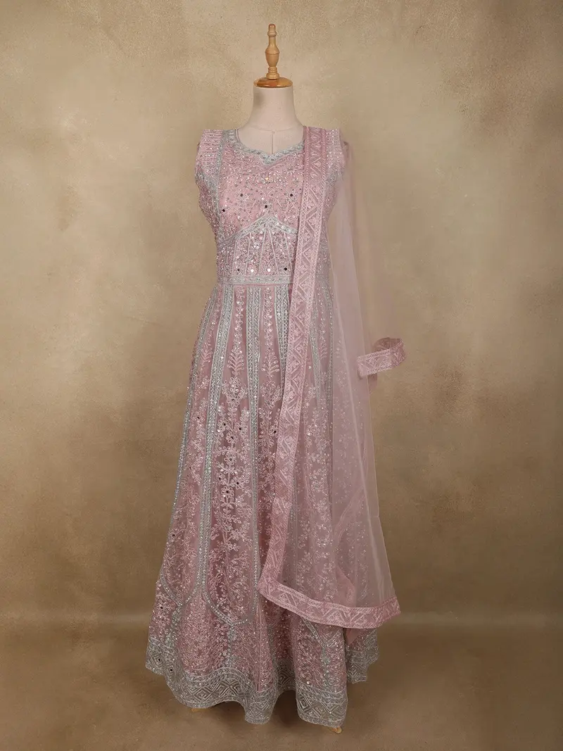 Light Pink Floral Thread And Mirror Embroidered Design Net Gown With Dupatta 1