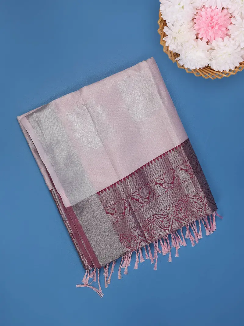 Light Pink Floral Woven Design Art Silk Saree With Contrast Zari Border 1