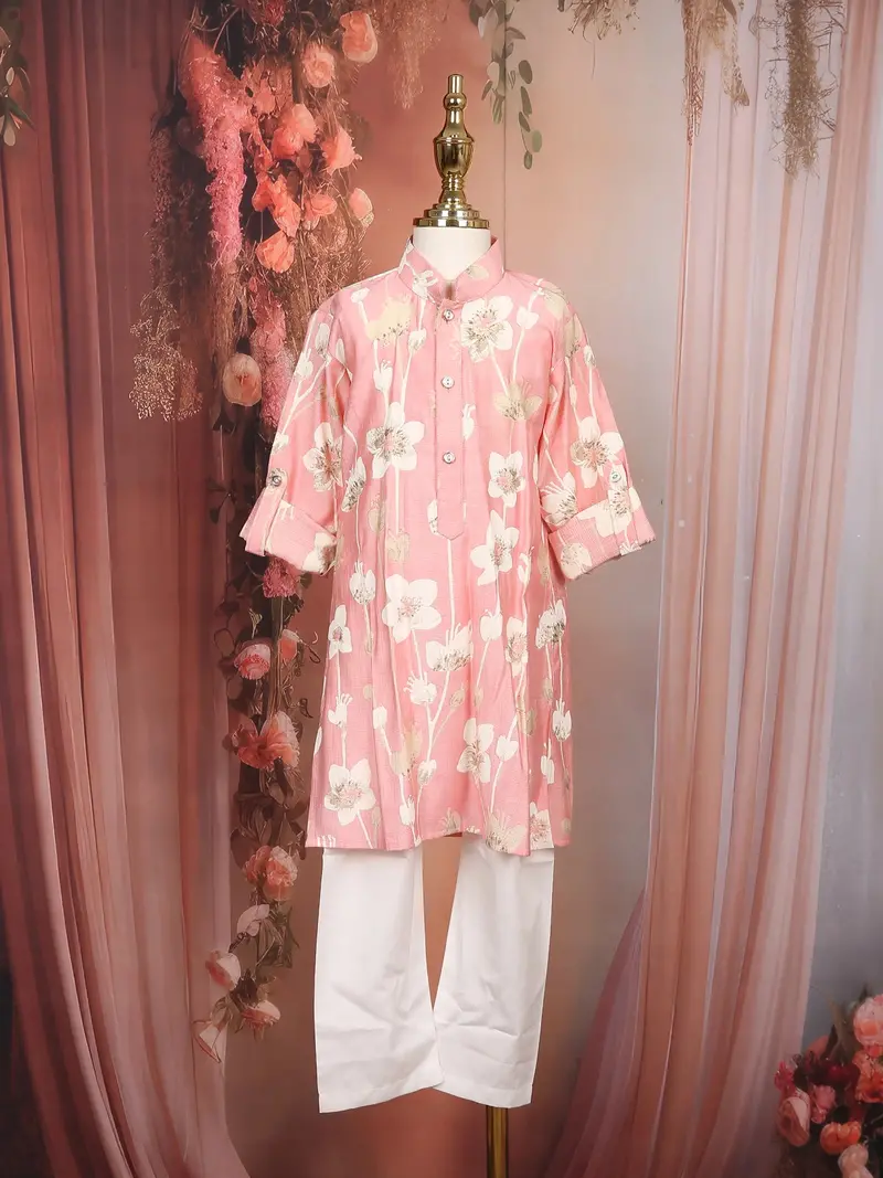Light Pink Floral Woven Design Cotton Kids Kurta Set 1