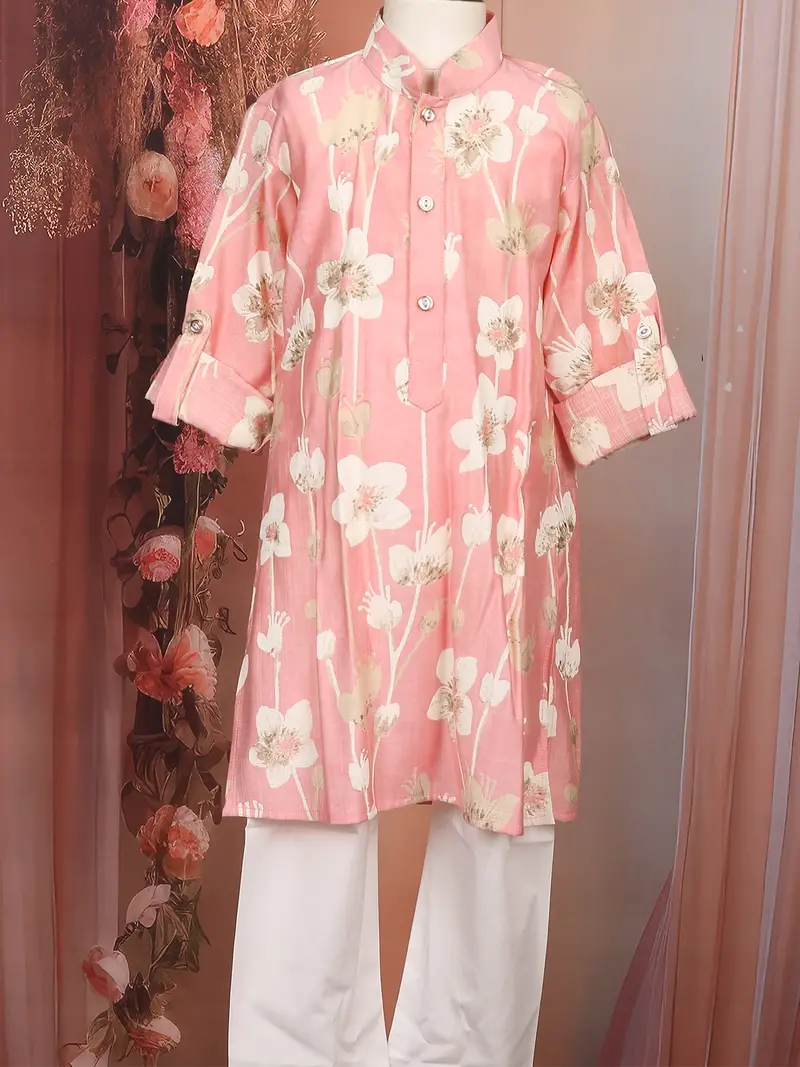 Light Pink Floral Woven Design Cotton Kids Kurta Set 2