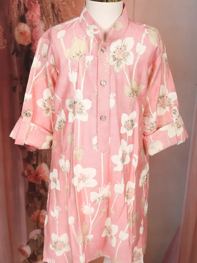 Light Pink Floral Woven Design Cotton Kids Kurta Set 3