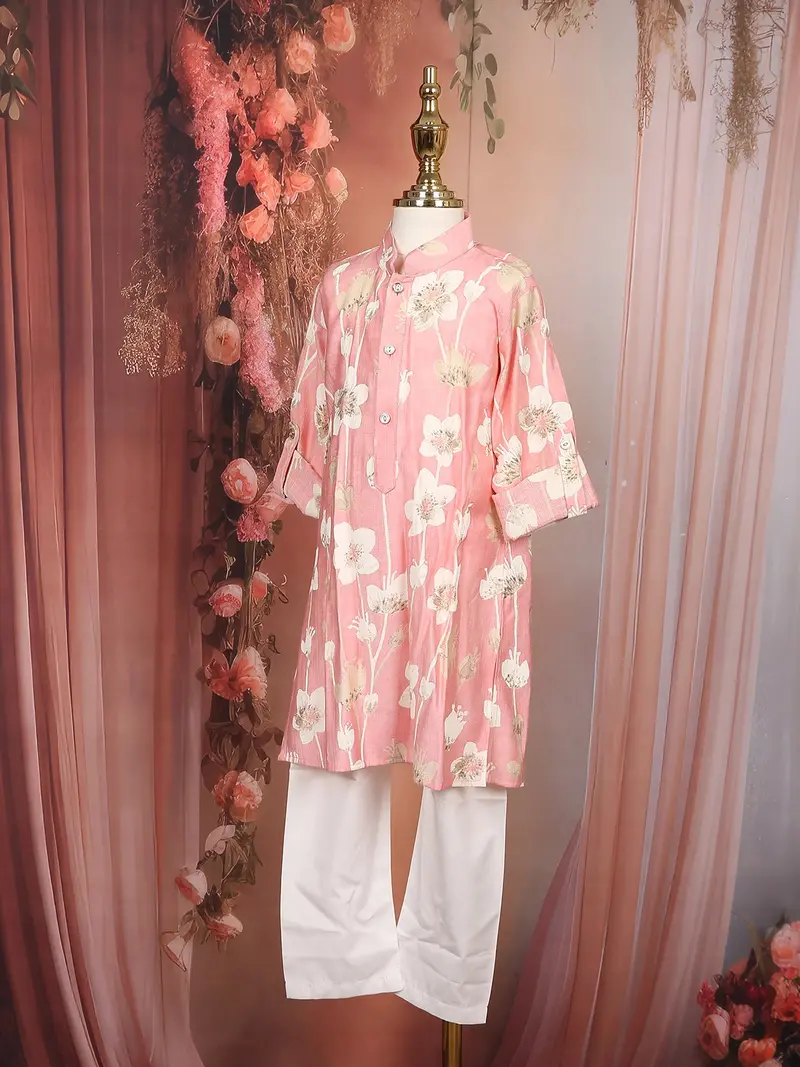 Light Pink Floral Woven Design Cotton Kids Kurta Set 4