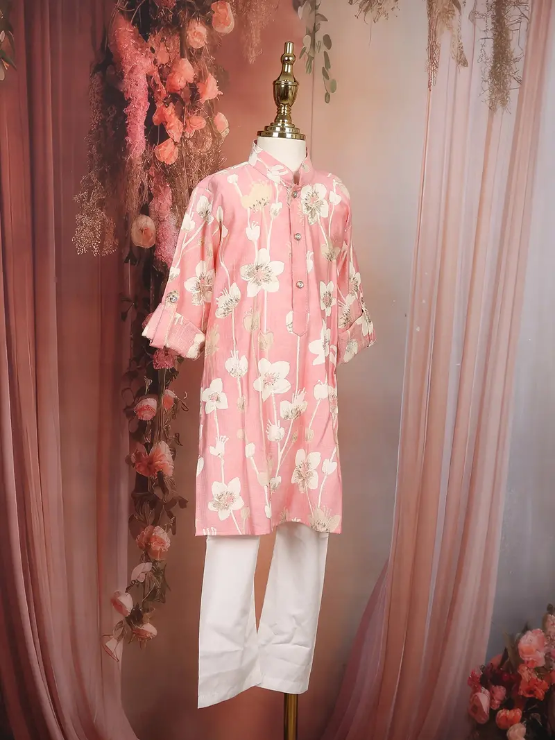 Light Pink Floral Woven Design Cotton Kids Kurta Set 5