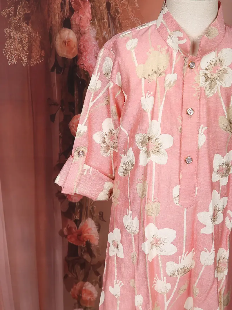 Light Pink Floral Woven Design Cotton Kids Kurta Set 6